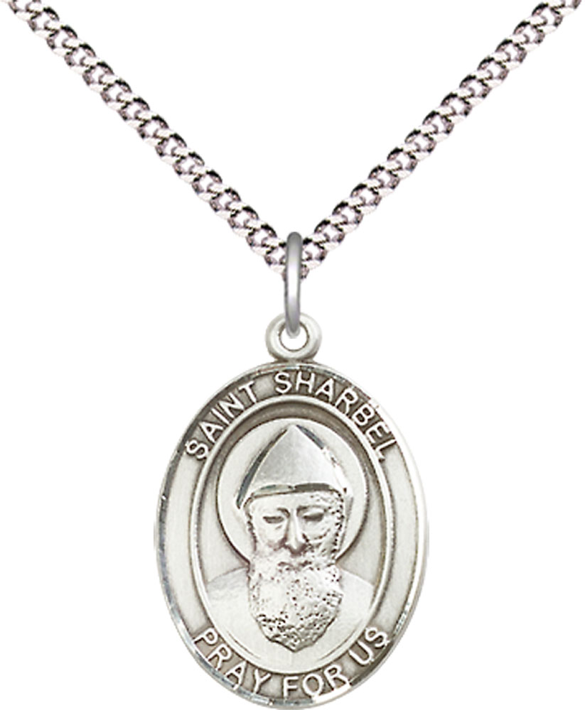 Sterling Silver Saint Sharbel Pendant on a 18 inch Light Rhodium Light Curb chain