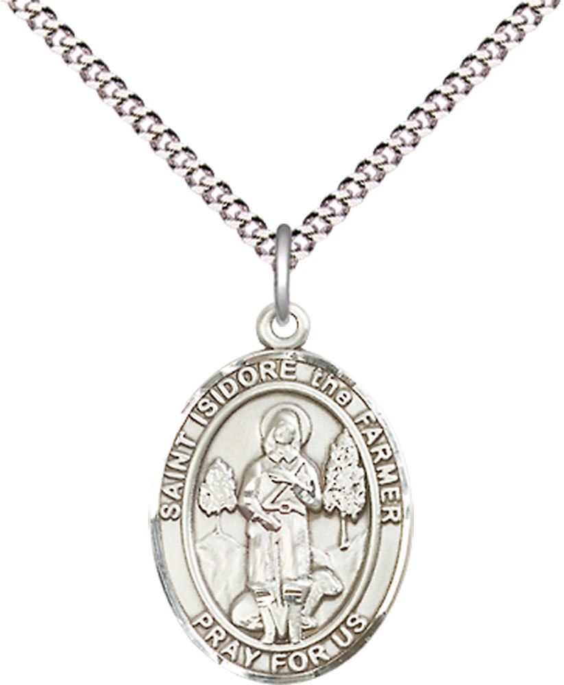 Sterling Silver Saint Isidore the Farmer Pendant on a 18 inch Light Rhodium Light Curb chain