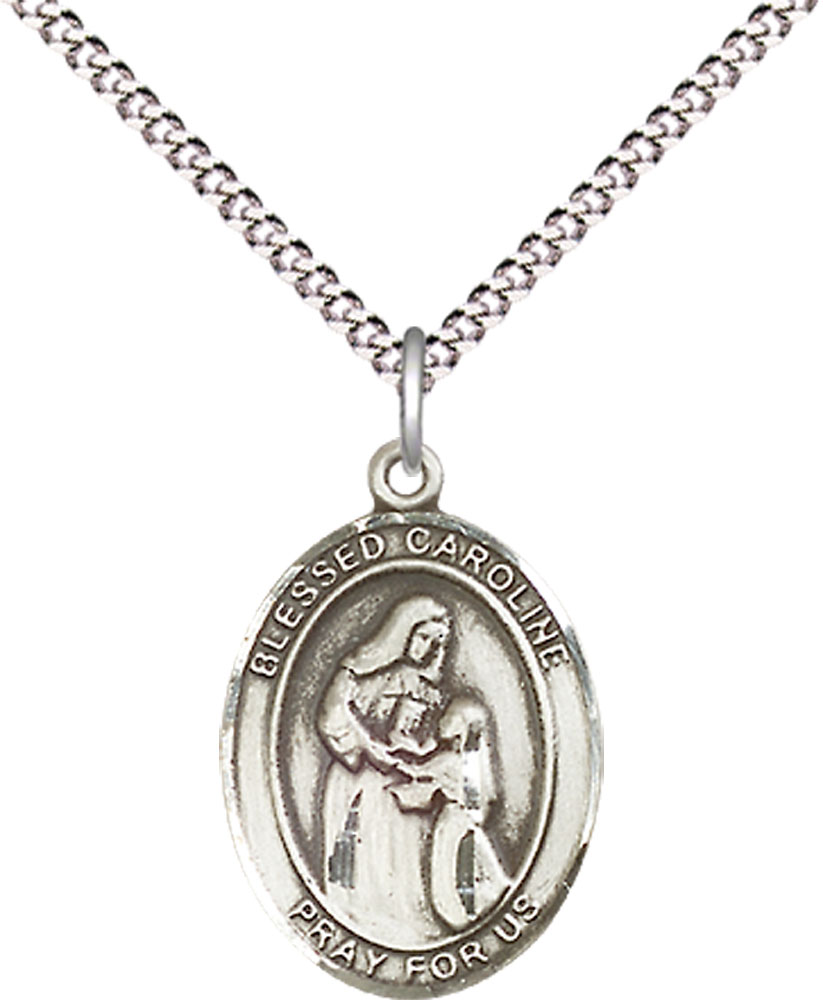 Sterling Silver Blessed Caroline Gerhardinger Pendant on a 18 inch Light Rhodium Light Curb chain