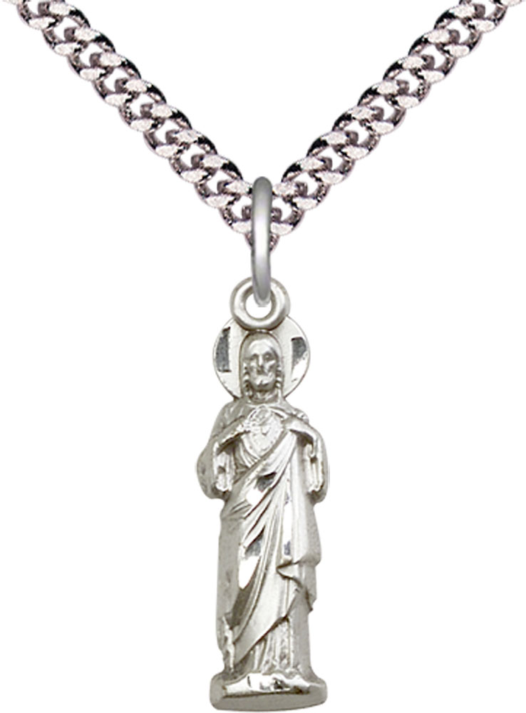 Sterling Silver Sacred Heart Pendant on a 24 inch Light Rhodium Heavy Curb chain