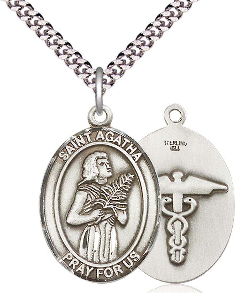 Sterling Silver Saint Agatha Nurse Pendant on a 24 inch Light Rhodium Heavy Curb chain