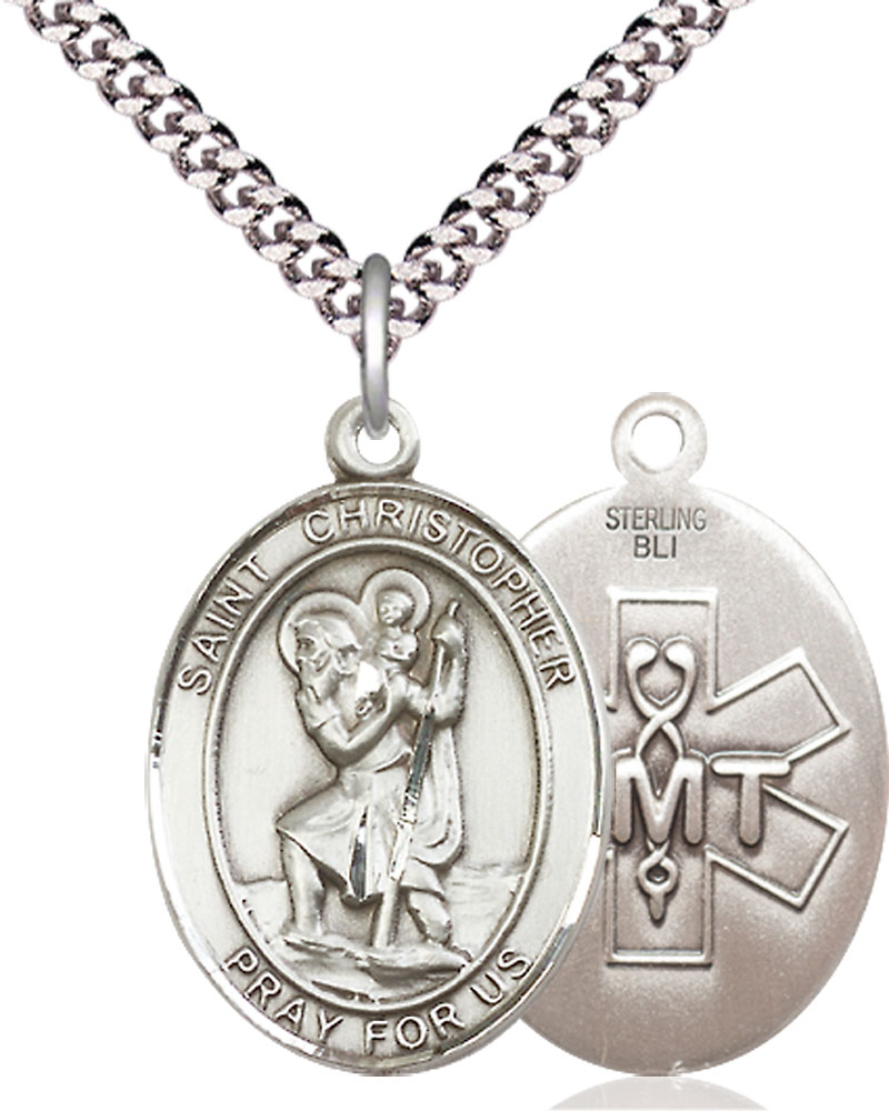 Sterling Silver Saint Christopher EMT Pendant on a 24 inch Light Rhodium Heavy Curb chain