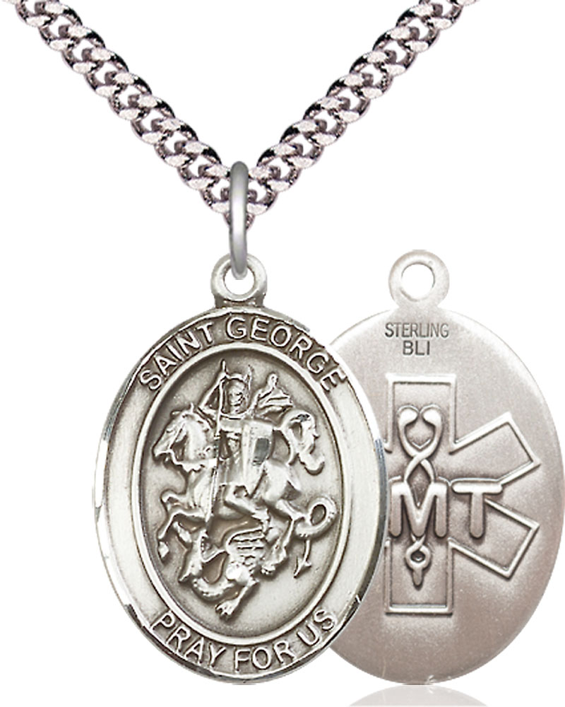 Sterling Silver Saint George EMT Pendant on a 24 inch Light Rhodium Heavy Curb chain