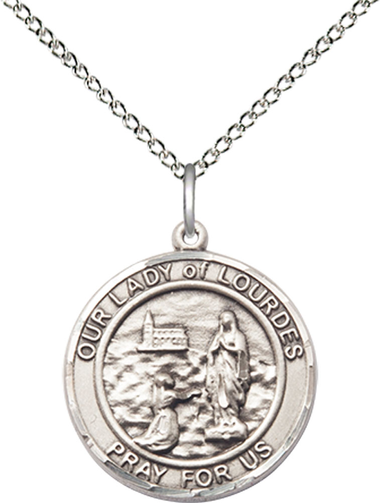 Sterling Silver Our Lady of Lourdes Pendant on a 18 inch Sterling Silver Light Curb chain