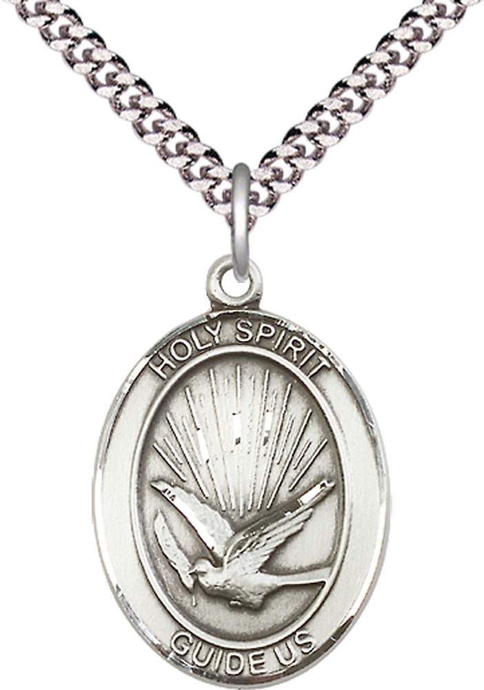 Sterling Silver Holy Spirit Pendant on a 24 inch Light Rhodium Heavy Curb chain