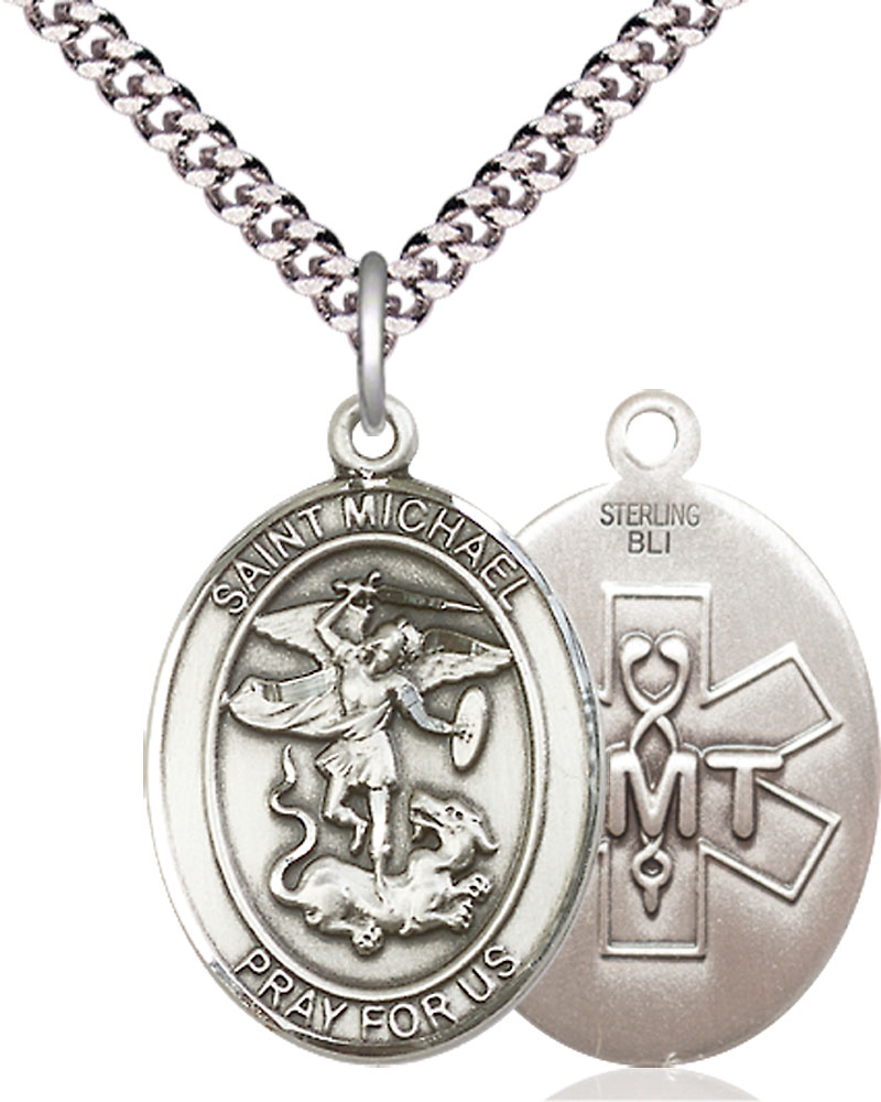 Sterling Silver Saint Michael EMT Pendant on a 24 inch Light Rhodium Heavy Curb chain