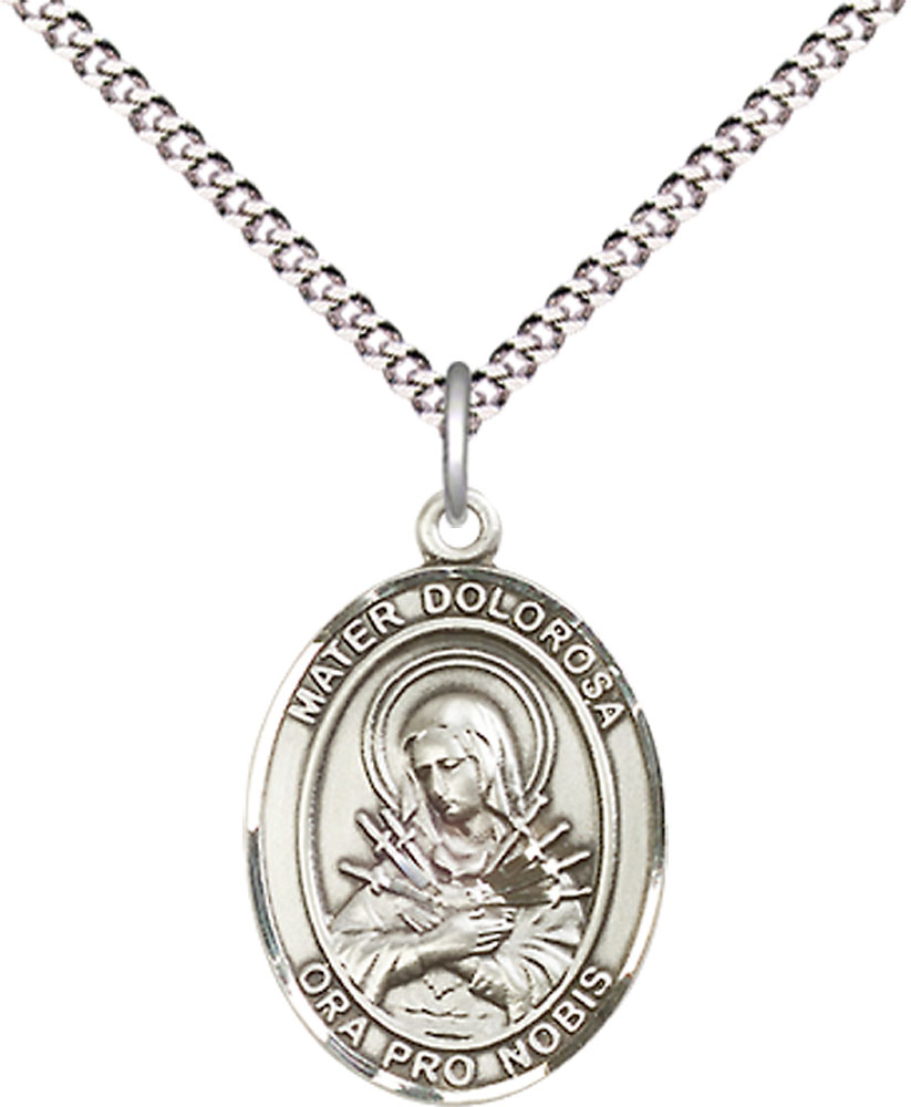 Sterling Silver Mater Dolorosa Pendant on a 18 inch Light Rhodium Light Curb chain