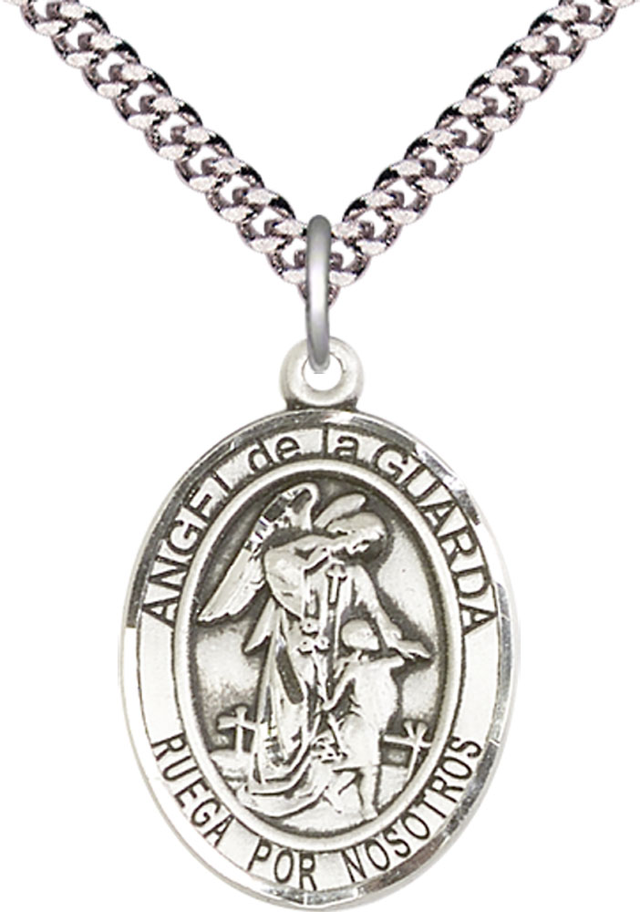 Sterling Silver Angel de la Guarda Pendant on a 24 inch Light Rhodium Heavy Curb chain