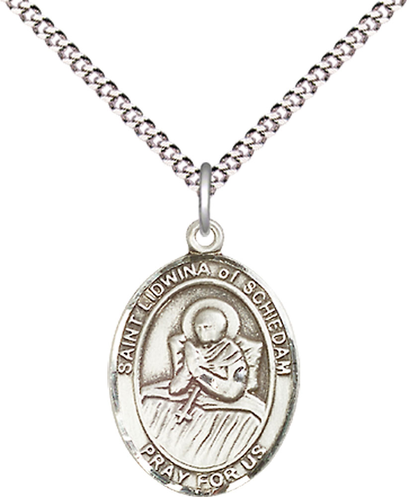 Sterling Silver Saint Lidwina of Schiedam Pendant on a 18 inch Light Rhodium Light Curb chain