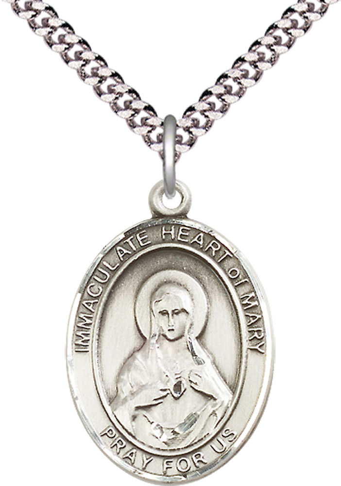 Sterling Silver Immaculate Heart of Mary Pendant on a 24 inch Light Rhodium Heavy Curb chain