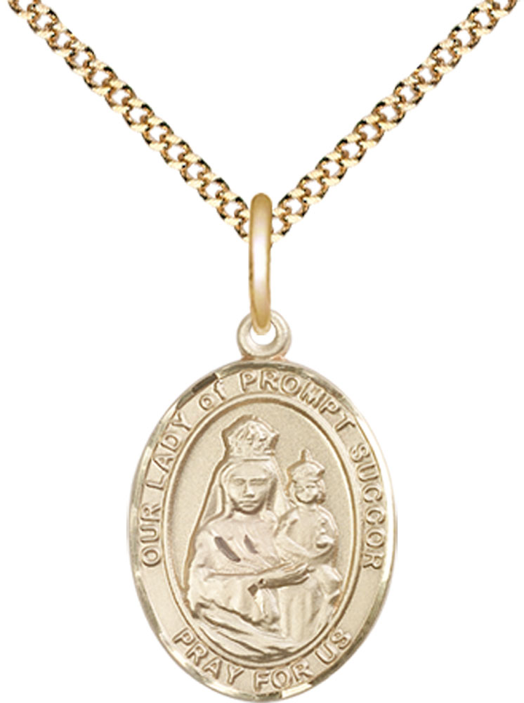 14kt Gold Filled Our Lady of Prompt Succor Pendant on a 18 inch Gold Plate Light Curb chain