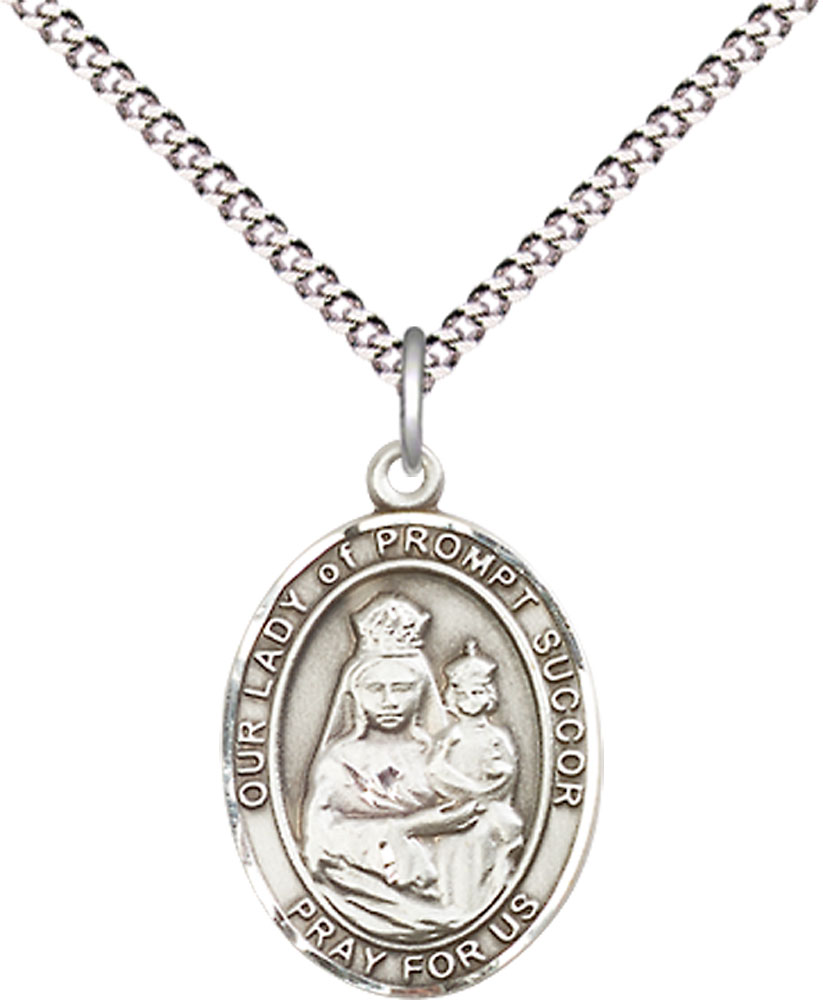 Sterling Silver Our Lady of Prompt Succor Pendant on a 18 inch Light Rhodium Light Curb chain