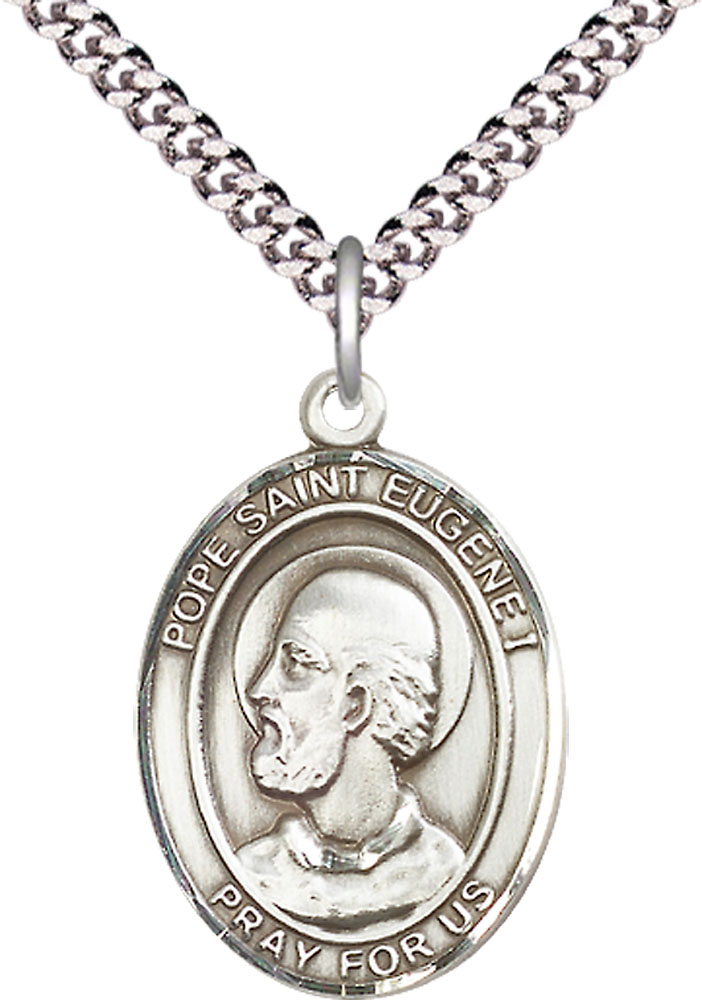 Sterling Silver Pope St Eugene I Pendant on a 24 inch Light Rhodium Heavy Curb chain