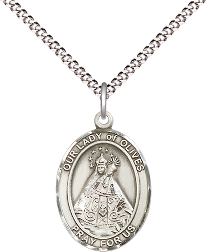 Sterling Silver Our Lady of Olives Pendant on a 18 inch Light Rhodium Light Curb chain