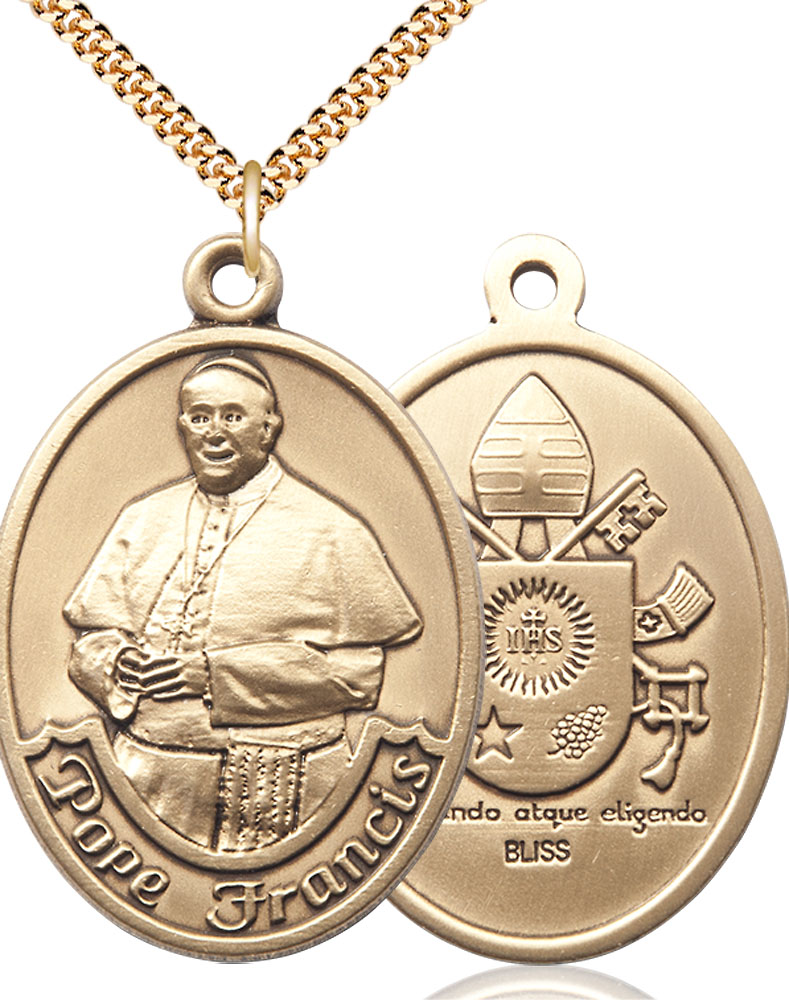 14kt Gold Filled Pope Francis Pendant on a 24 inch Gold Plate Heavy Curb chain