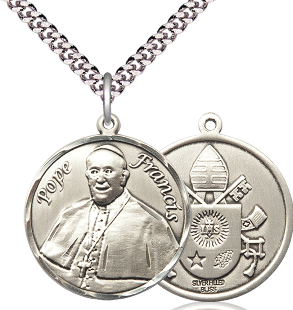 Sterling Silver Pope Francis Pendant on a 24 inch Light Rhodium Heavy Curb chain