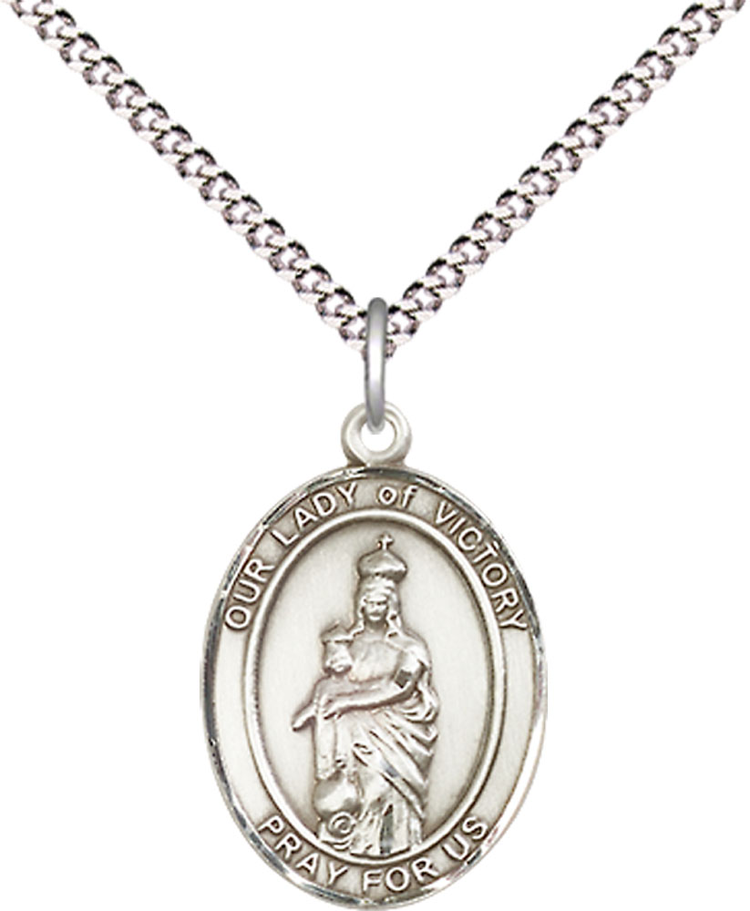 Sterling Silver Our Lady of Victory Pendant on a 18 inch Light Rhodium Light Curb chain