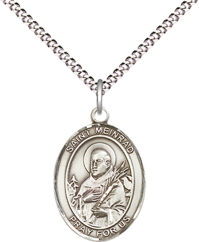 Sterling Silver Saint Meinrad of Einsideln Pendant on a 18 inch Light Rhodium Light Curb chain