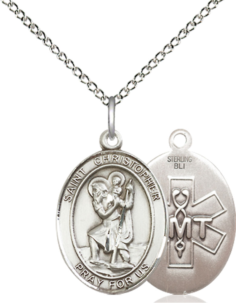 Sterling Silver Saint Christopher EMT Pendant on a 18 inch Sterling Silver Light Curb chain