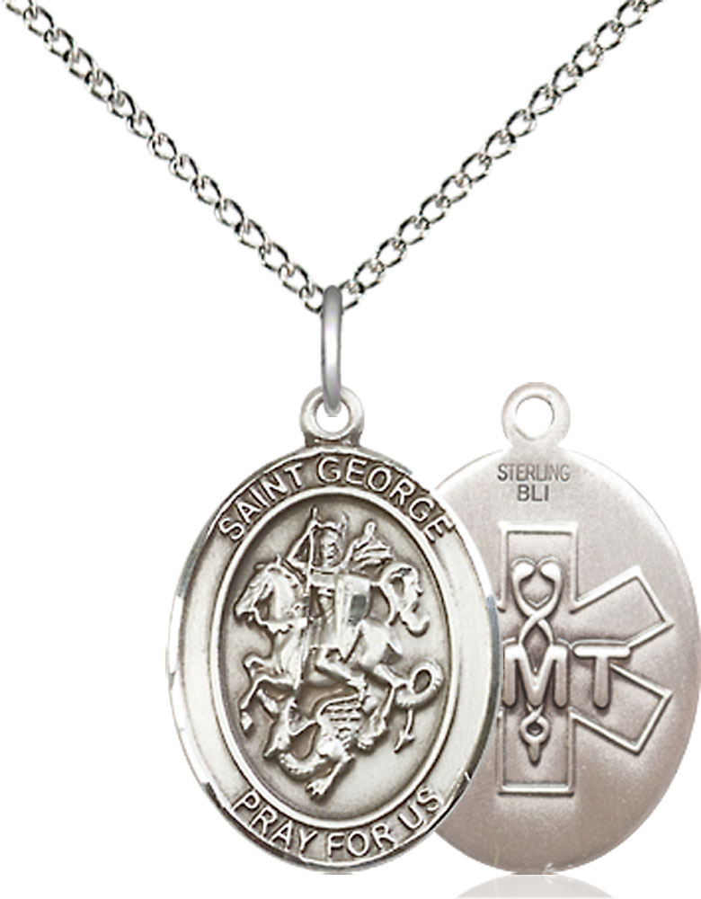 Sterling Silver Saint George EMT Pendant on a 18 inch Sterling Silver Light Curb chain
