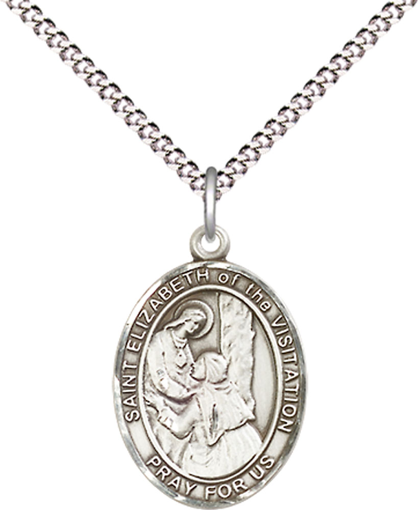Sterling Silver Saint Elizabeth of the Visitation Pendant on a 18 inch Light Rhodium Light Curb chain