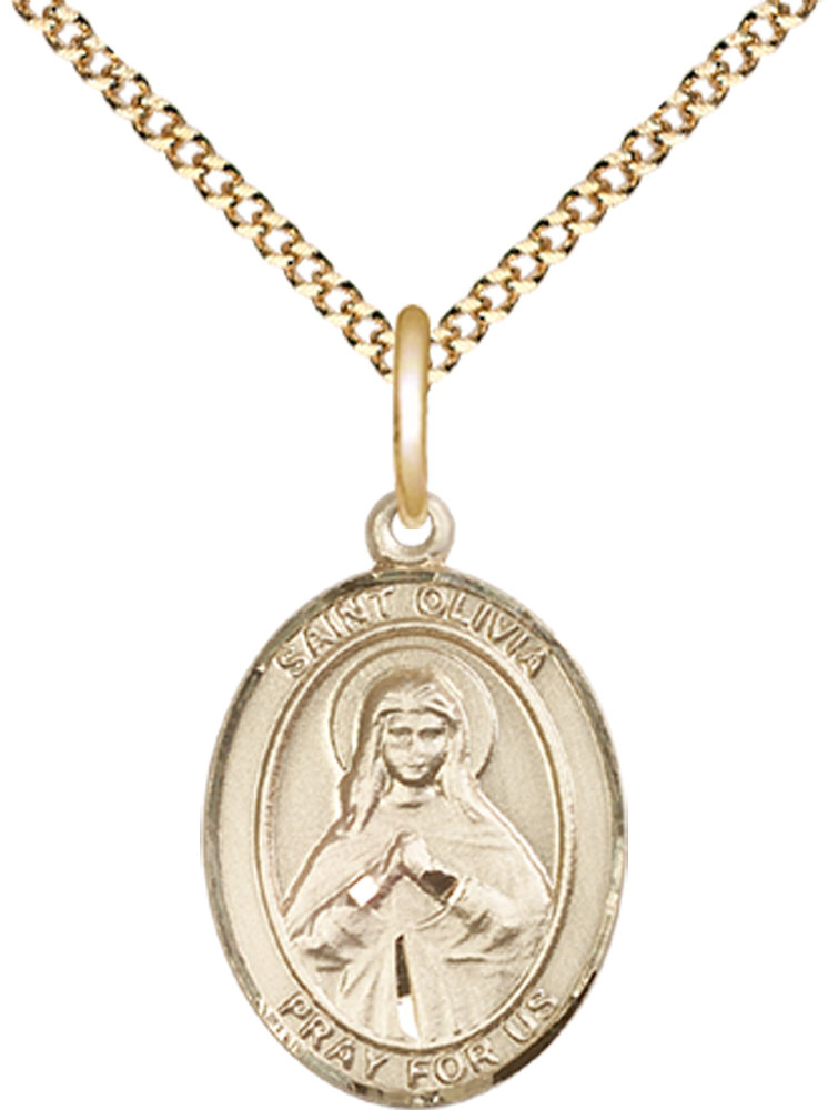 14kt Gold Filled Saint Olivia Pendant on a 18 inch Gold Plate Light Curb chain
