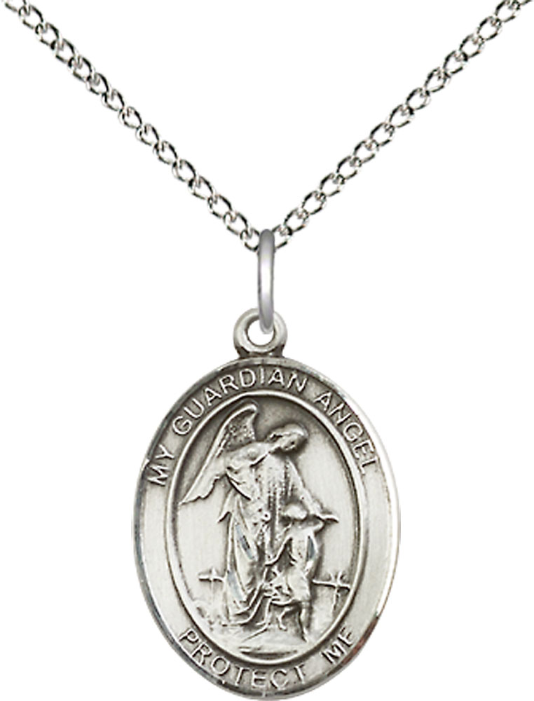 Sterling Silver Guardian Angel Pendant on a 18 inch Sterling Silver Light Curb chain