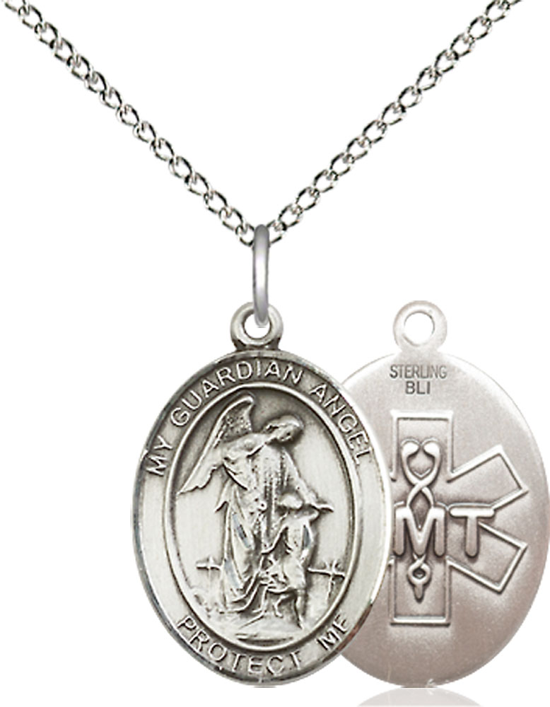 Sterling Silver Guardian Angel EMT Pendant on a 18 inch Sterling Silver Light Curb chain