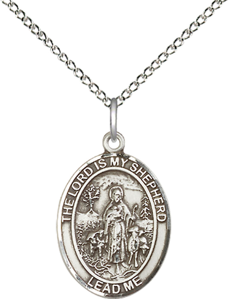 Sterling Silver Lord Is My Shepherd Pendant on a 18 inch Sterling Silver Light Curb chain