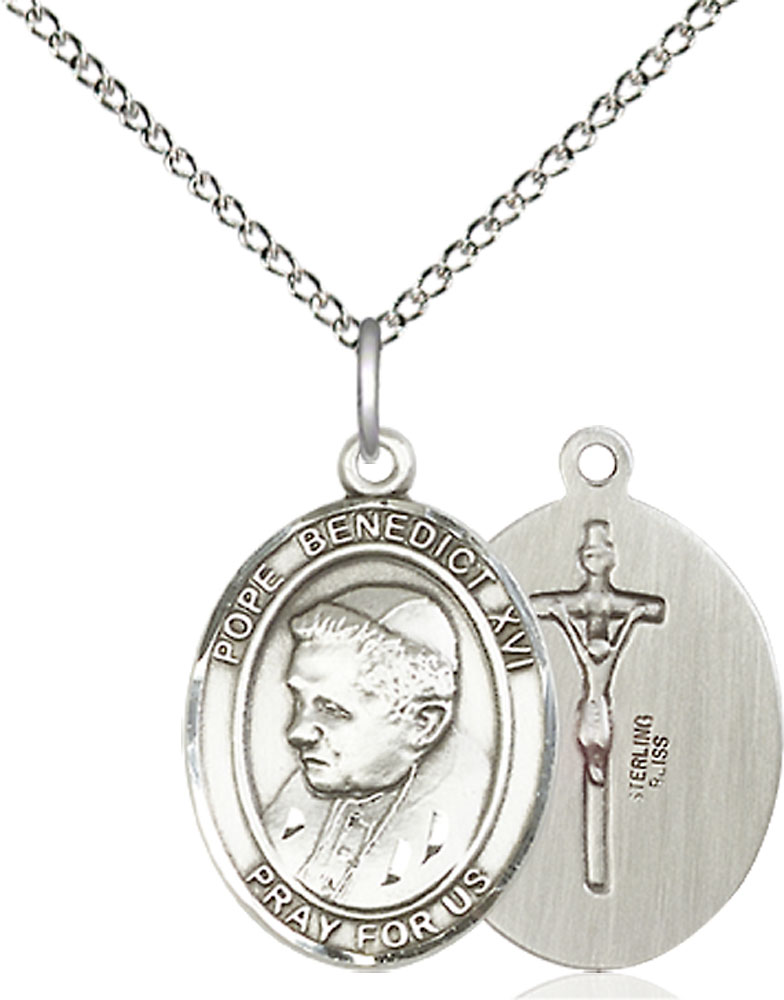 Sterling Silver Pope Benedict XVI Pendant on a 18 inch Sterling Silver Light Curb chain