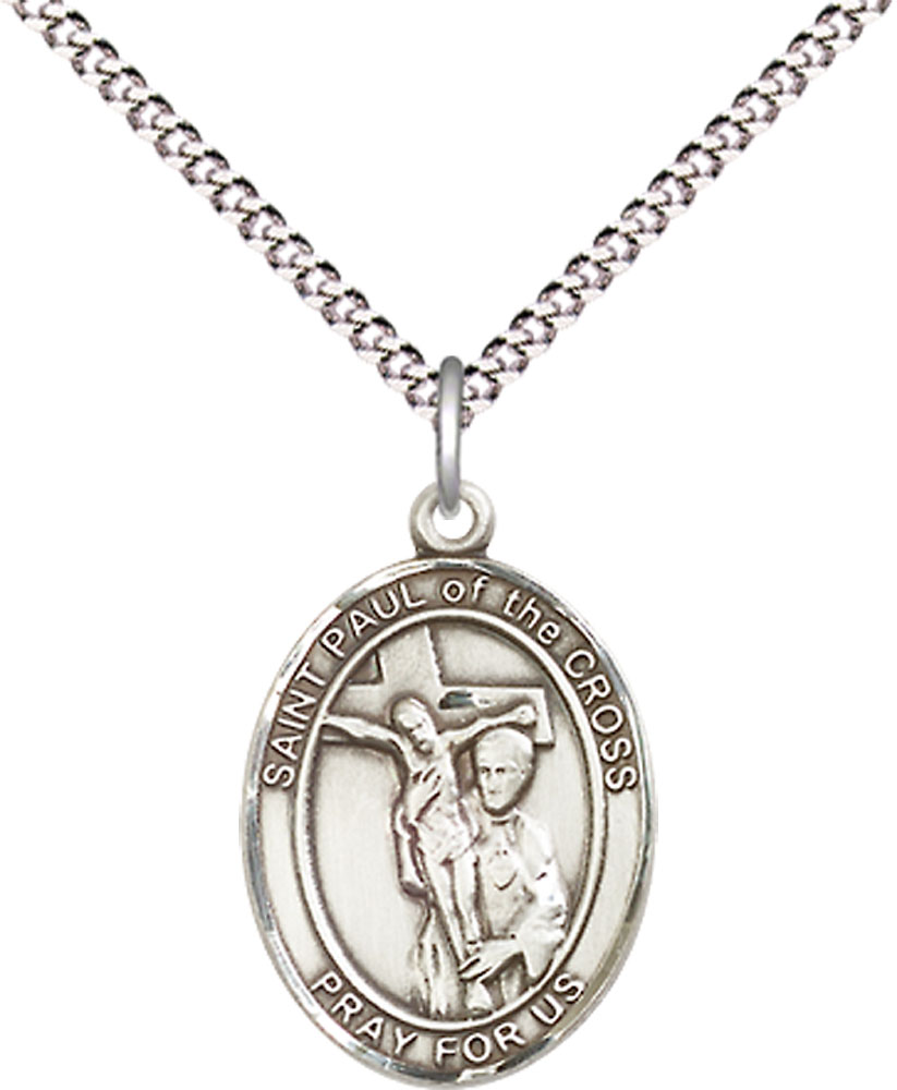 Sterling Silver Saint Paul of the Cross Pendant on a 18 inch Light Rhodium Light Curb chain