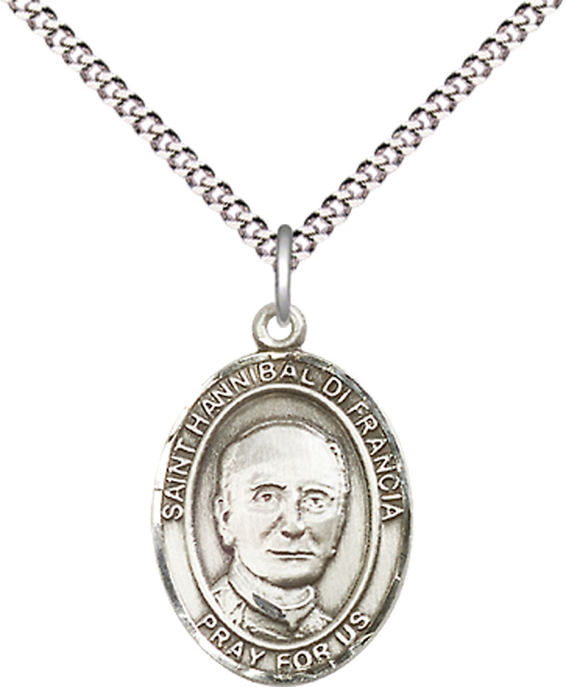 Sterling Silver Saint Hannibal Pendant on a 18 inch Light Rhodium Light Curb chain