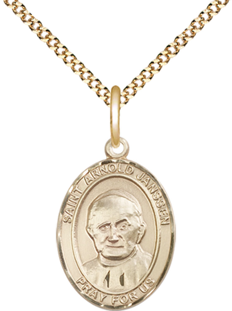 14kt Gold Filled Saint Arnold Janssen Pendant on a 18 inch Gold Plate Light Curb chain