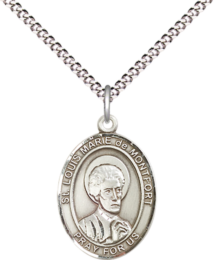 Sterling Silver Saint Louis Marie de Montfort Pendant on a 18 inch Light Rhodium Light Curb chain