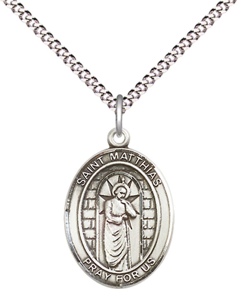 Sterling Silver Saint Matthias the Apostle Pendant on a 18 inch Light Rhodium Light Curb chain