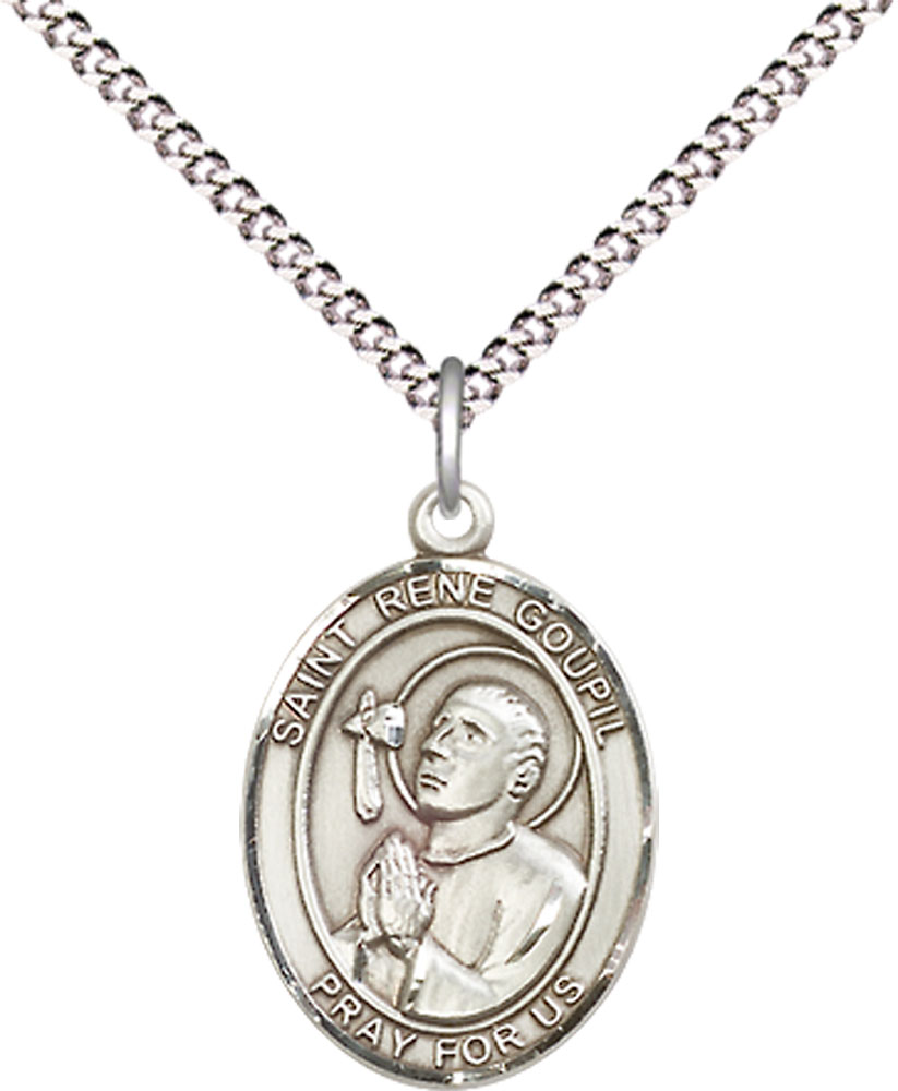 Sterling Silver Saint Rene Goupil Pendant on a 18 inch Light Rhodium Light Curb chain