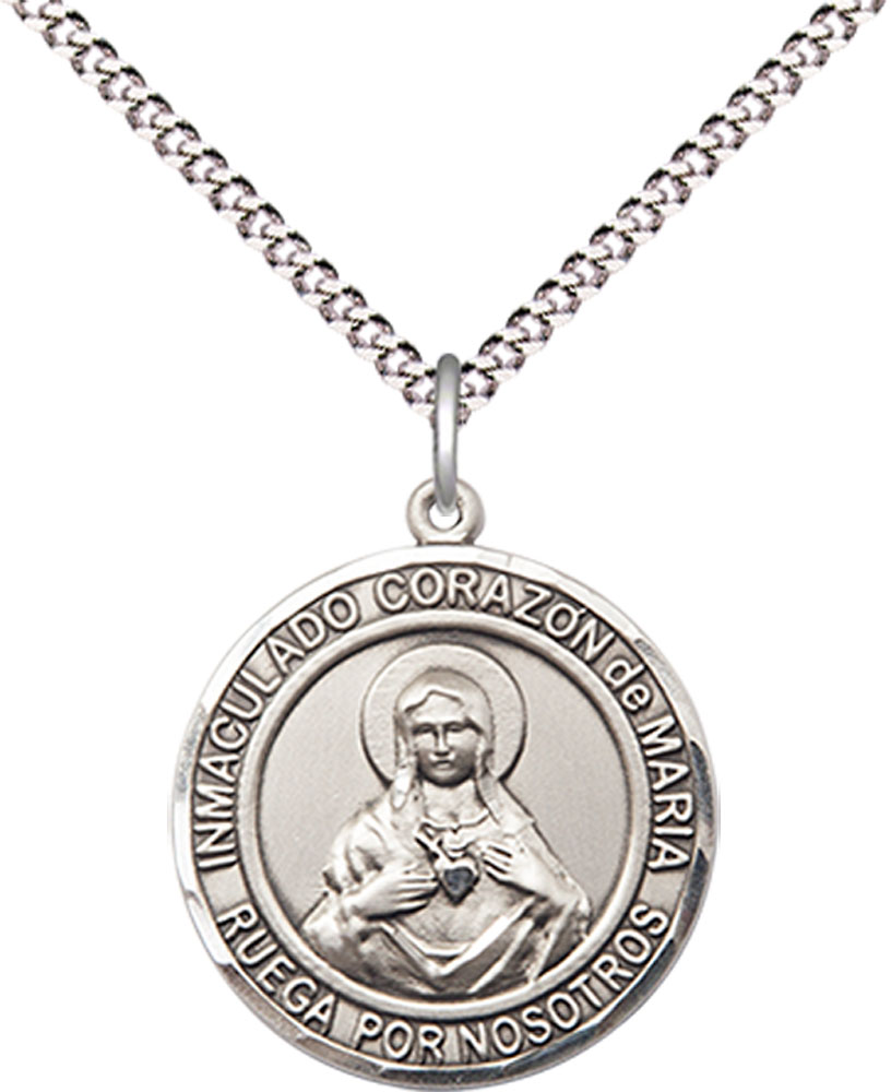 Sterling Silver Corazon Inmaculado de Maria Pendant on a 18 inch Light Rhodium Light Curb chain