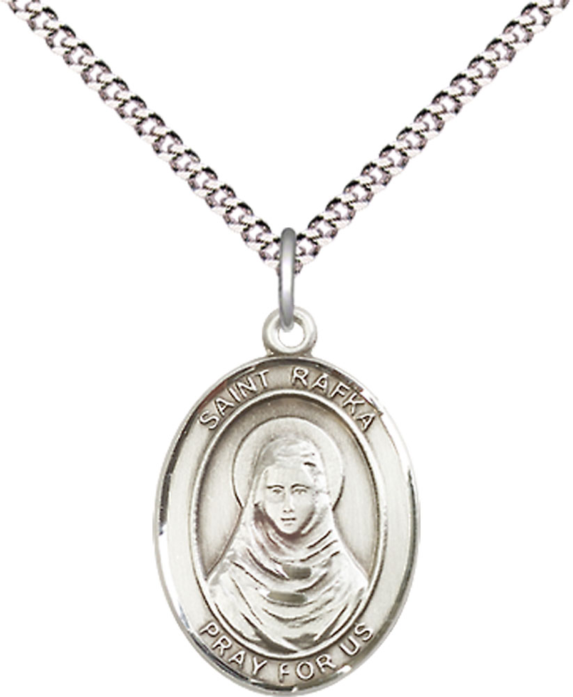 Sterling Silver Saint Rafka Pendant on a 18 inch Light Rhodium Light Curb chain