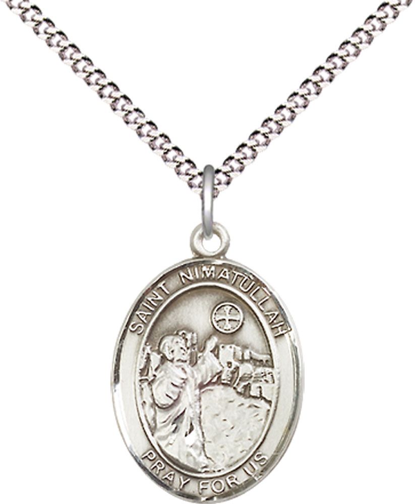 Sterling Silver Saint Nimatullah Pendant on a 18 inch Light Rhodium Light Curb chain