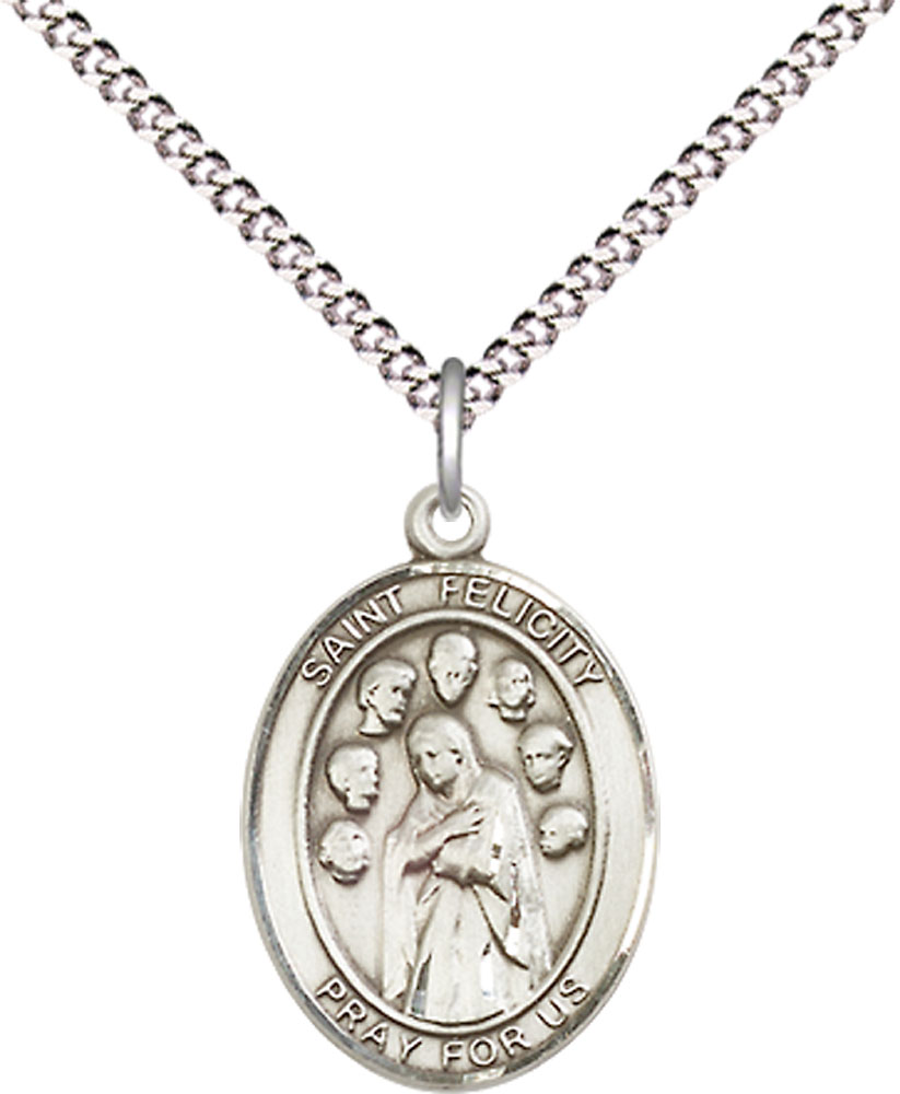 Sterling Silver Saint Felicity Pendant on a 18 inch Light Rhodium Light Curb chain
