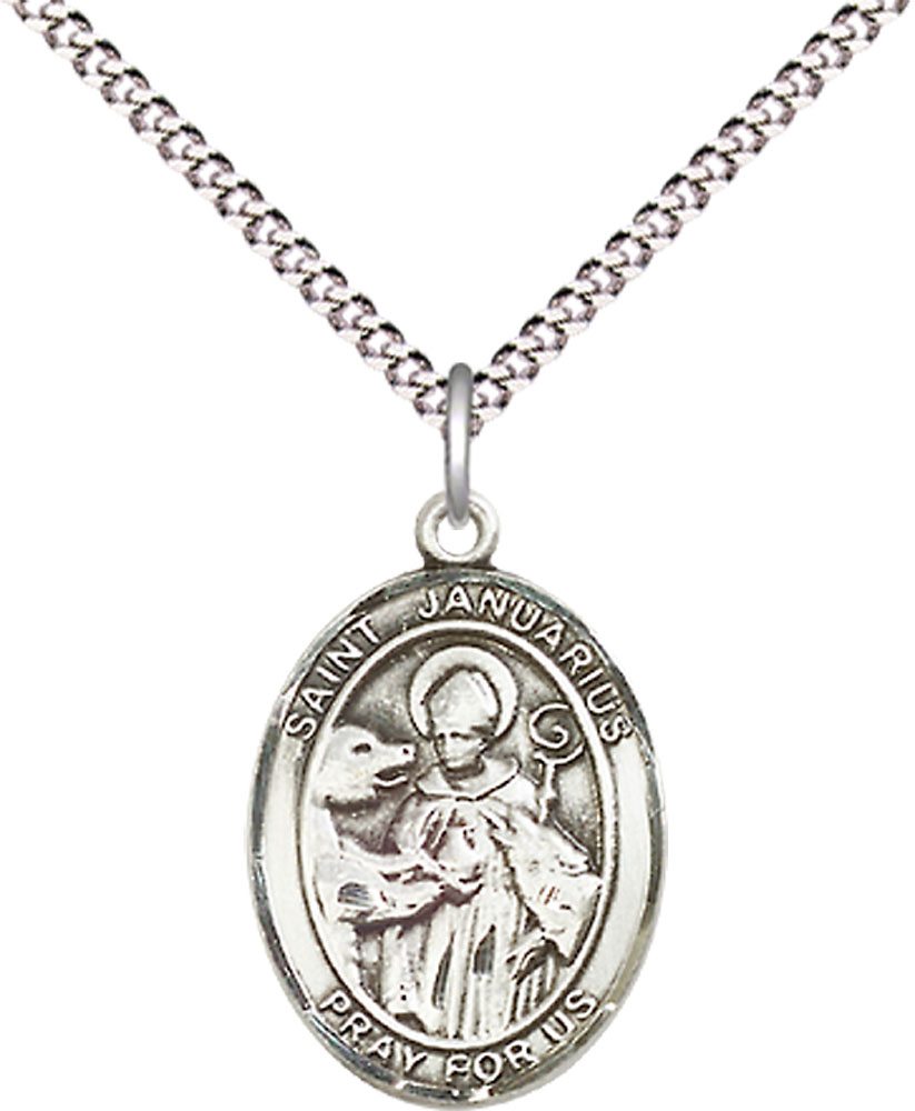 Sterling Silver Saint Januarius Pendant on a 18 inch Light Rhodium Light Curb chain