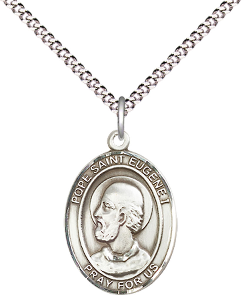 Sterling Silver Pope St Eugene I Pendant on a 18 inch Light Rhodium Light Curb chain
