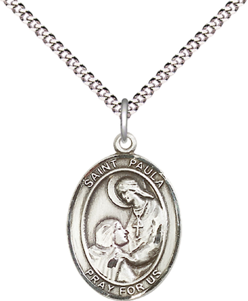 Sterling Silver Saint Paula Pendant on a 18 inch Light Rhodium Light Curb chain