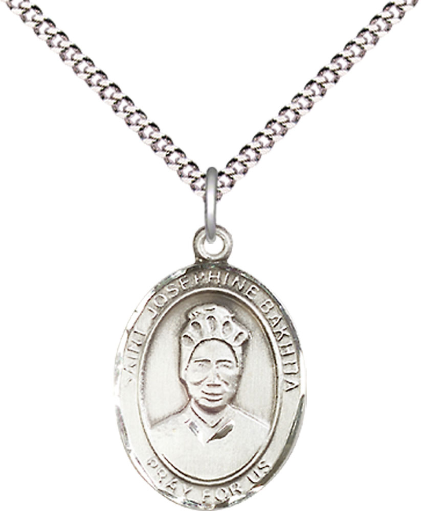 Sterling Silver Saint Josephine Bakhita Pendant on a 18 inch Light Rhodium Light Curb chain