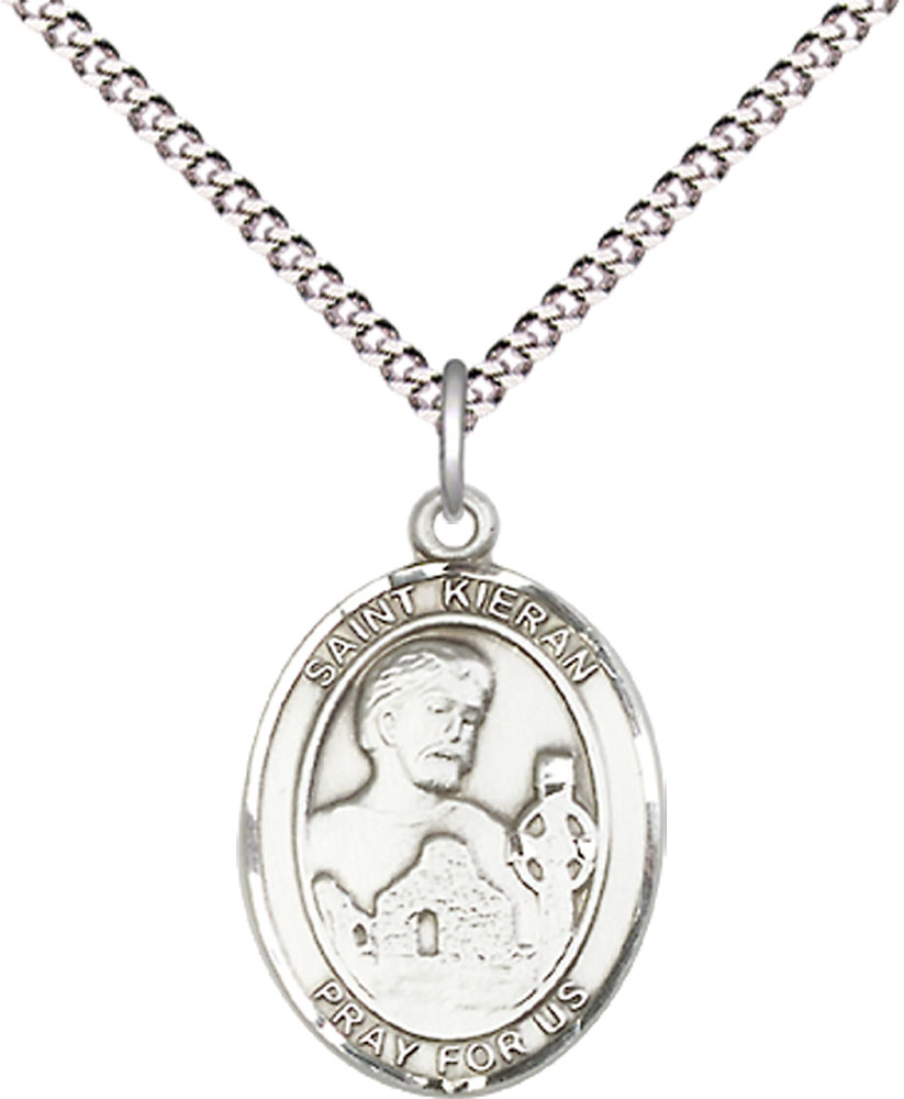 Sterling Silver Saint Kieran Pendant on a 18 inch Light Rhodium Light Curb chain