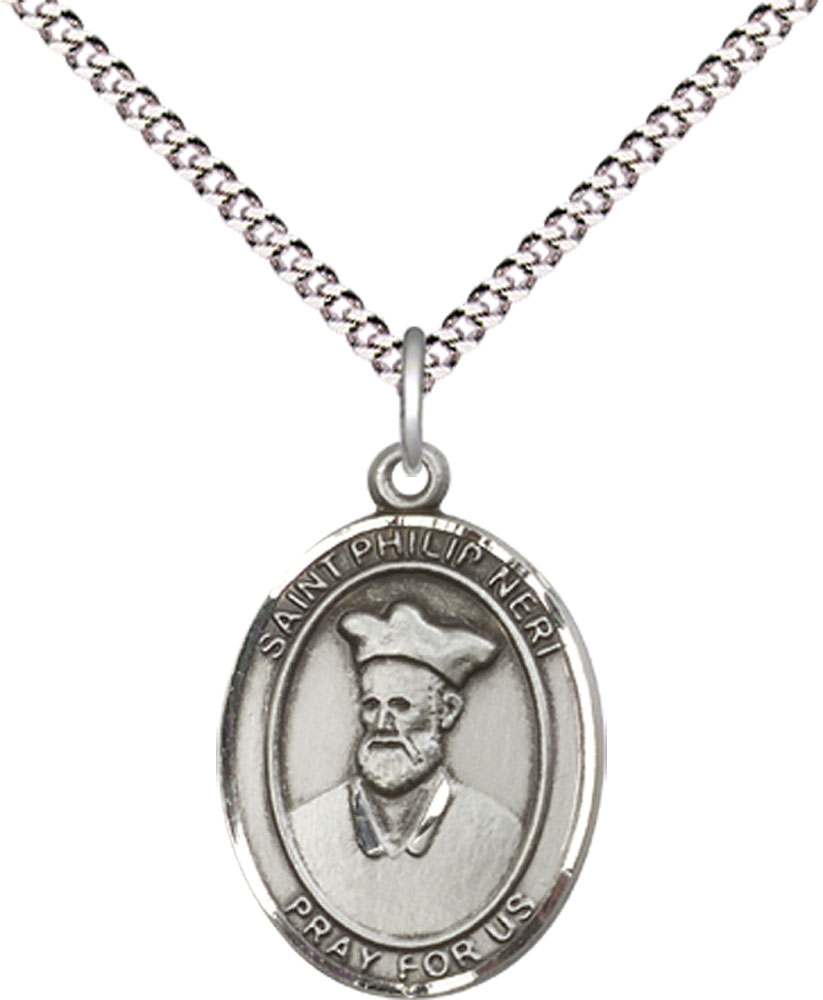Sterling Silver Saint Philip Neri Pendant on a 18 inch Light Rhodium Light Curb chain