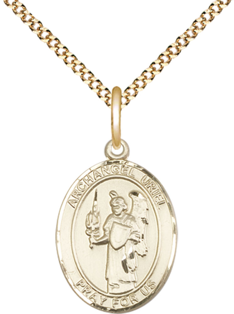 14kt Gold Filled Saint Uriel the Archangel Pendant on a 18 inch Gold Plate Light Curb chain