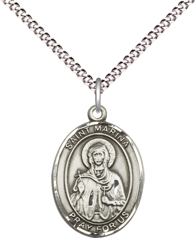 Sterling Silver Saint Marina Pendant on a 18 inch Light Rhodium Light Curb chain