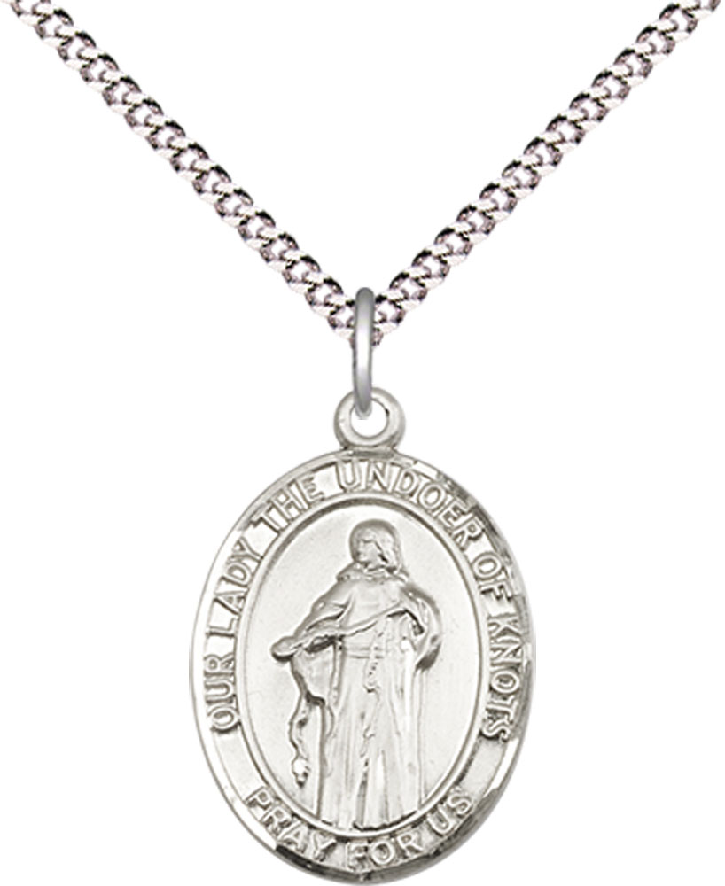 Sterling Silver Our Lady of Knots Pendant on a 18 inch Light Rhodium Light Curb chain