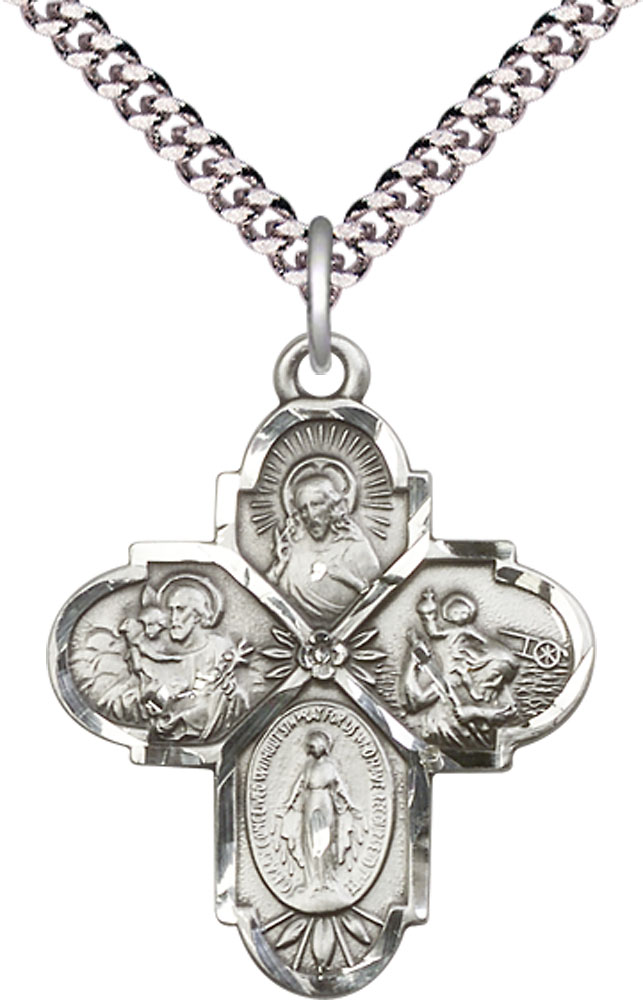 Sterling Silver 4-Way Pendant on a 24 inch Light Rhodium Heavy Curb chain